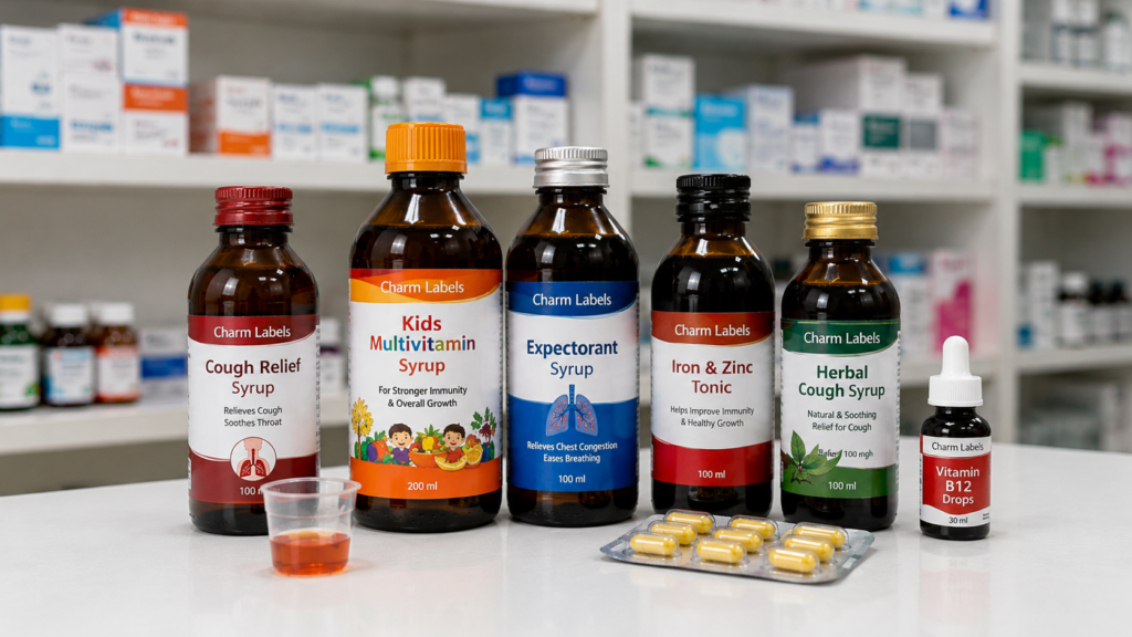 Custom Printed Labels for Pharmaceutical Products with Syrup Bottle Packaging by Charm Labels