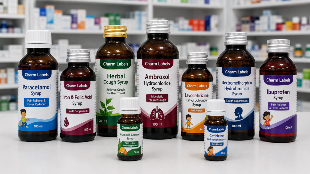 Custom Syrup Bottle Labels for Pharmaceutical Medicine Packaging by Charm Labels