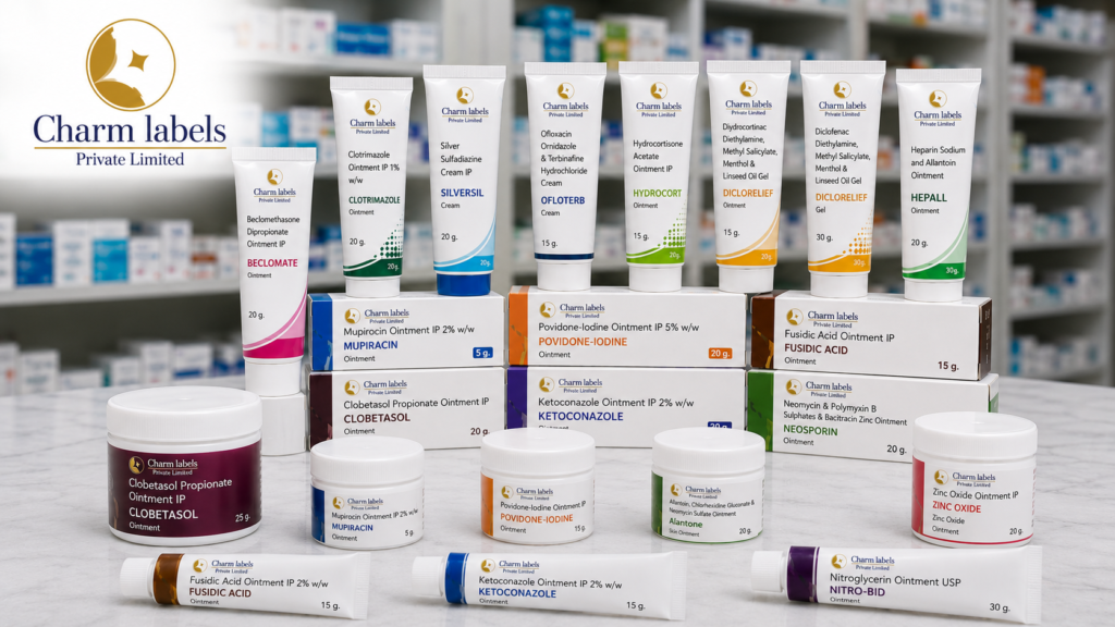 Custom printed pharmaceutical ointment labels and packaging by Charm Labels Private Limited, featuring medicine tubes, jars, and cartons with professional product labeling for healthcare packaging applications.