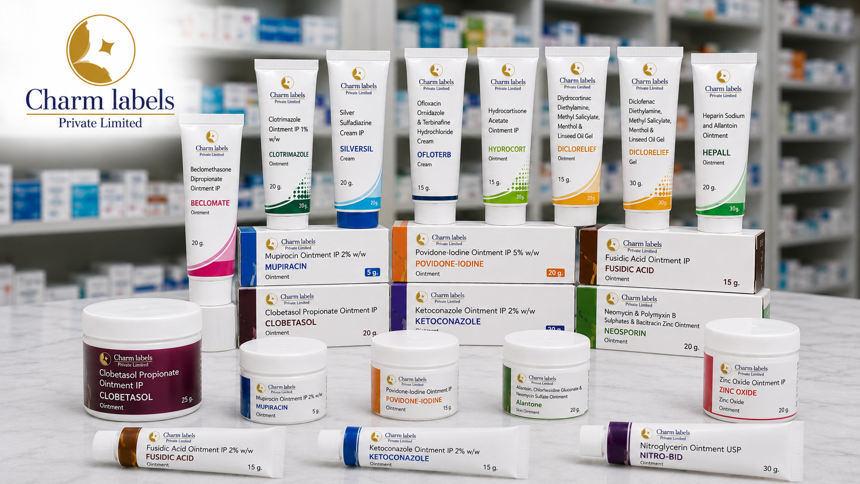 Custom printed pharmaceutical ointment labels and packaging by Charm Labels Private Limited, featuring medicine tubes, jars, and cartons with professional product labeling for healthcare packaging applications.