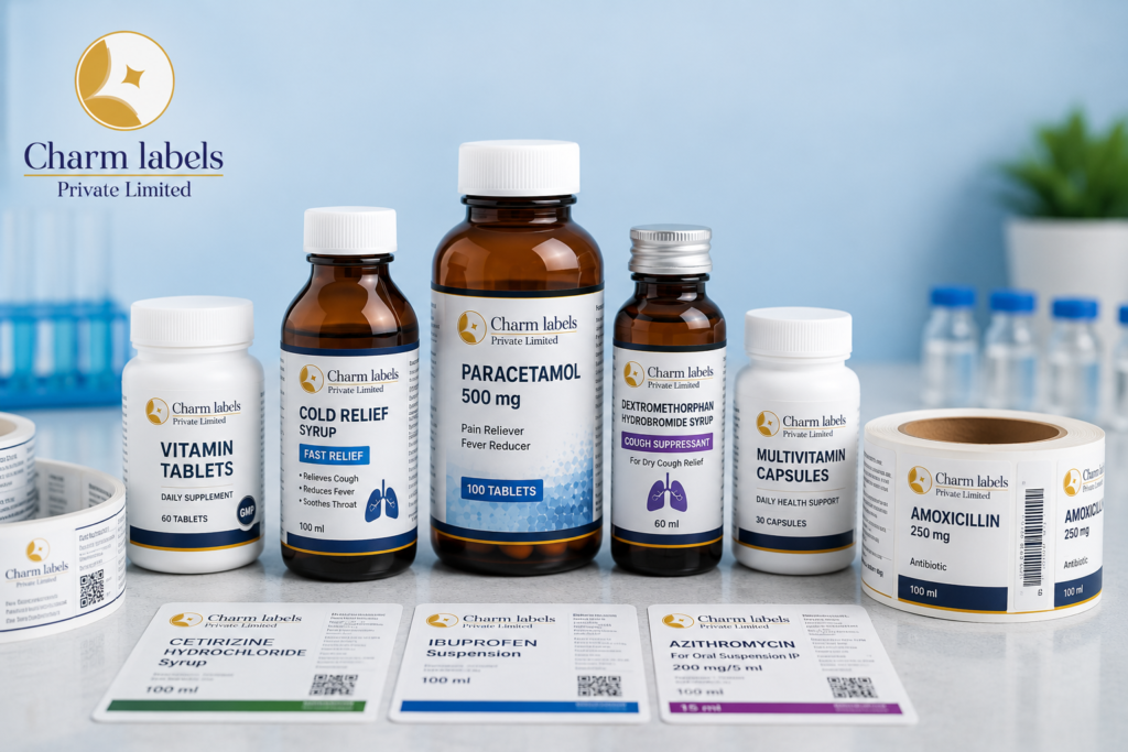 Pharmaceutical label printing for medicine bottles with custom healthcare packaging labels by Charm Labels