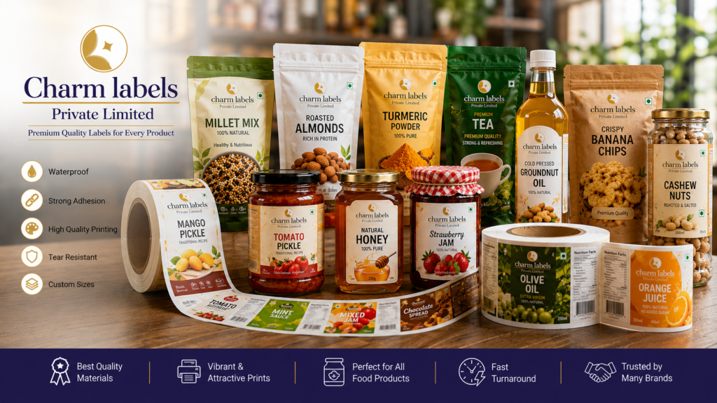Custom food packaging labels for food products showcasing premium label printing solutions by Charm Labels Private Limited in Sivakasi