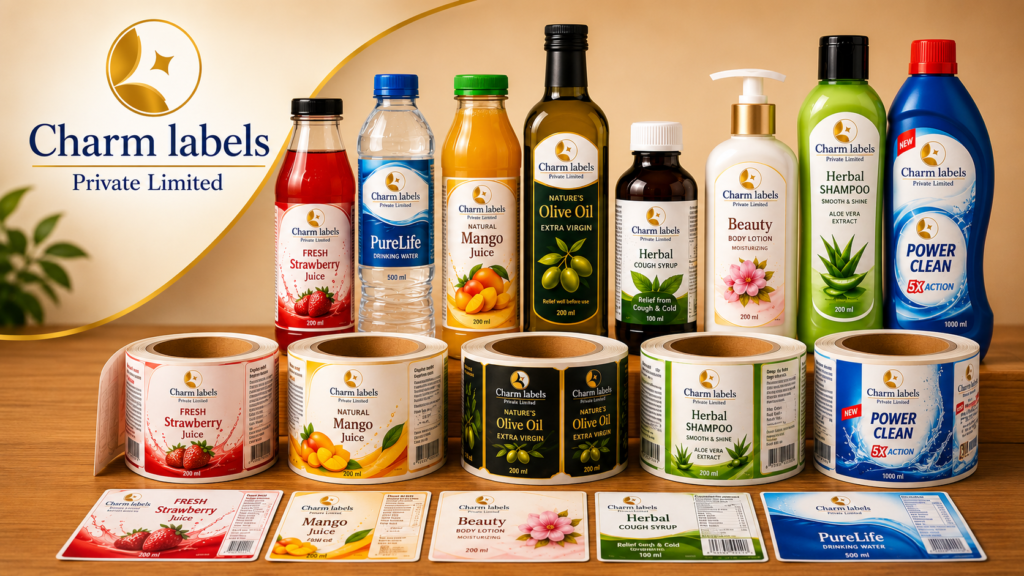 Custom product label printing display featuring beverage, pharmaceutical, edible oil, personal care, FMCG, and detergent labels by Charm Labels Private Limited.