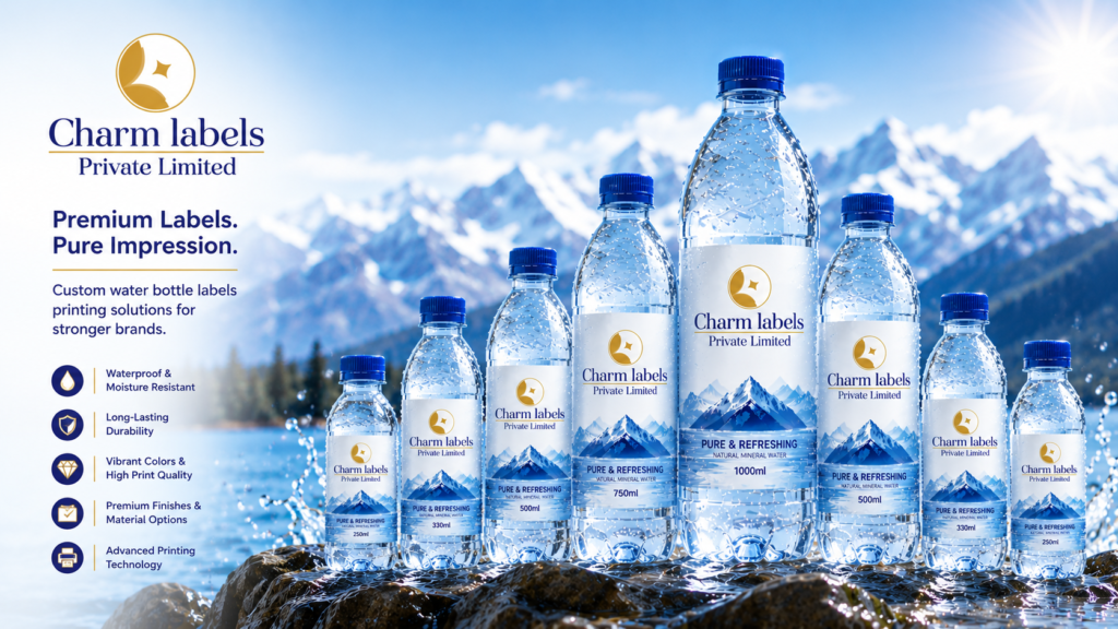 Custom water bottle labels printing with waterproof bottle labels displayed on multiple bottled water products for beverage branding