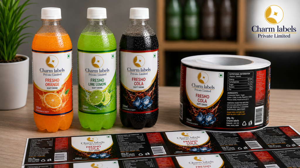 Custom printed soft drink bottle labels by Charm Labels displayed on orange, lime, and cola beverage bottles with premium waterproof label roll for beverage packaging.