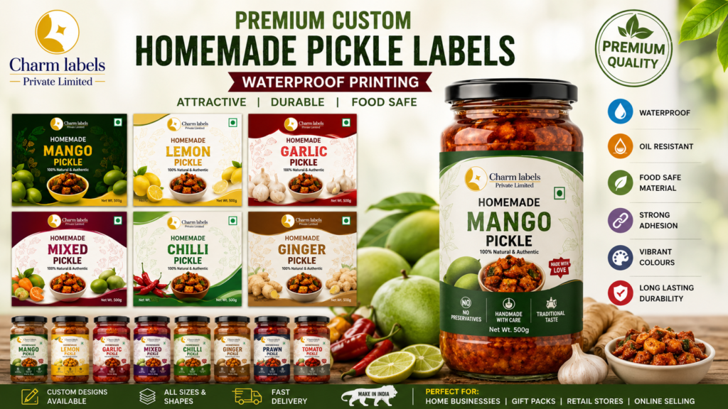 Premium custom homemade pickle labels with waterproof pickle jar label printing for mango, lemon, garlic, mixed, chilli, and ginger pickle packaging by Charm Labels.