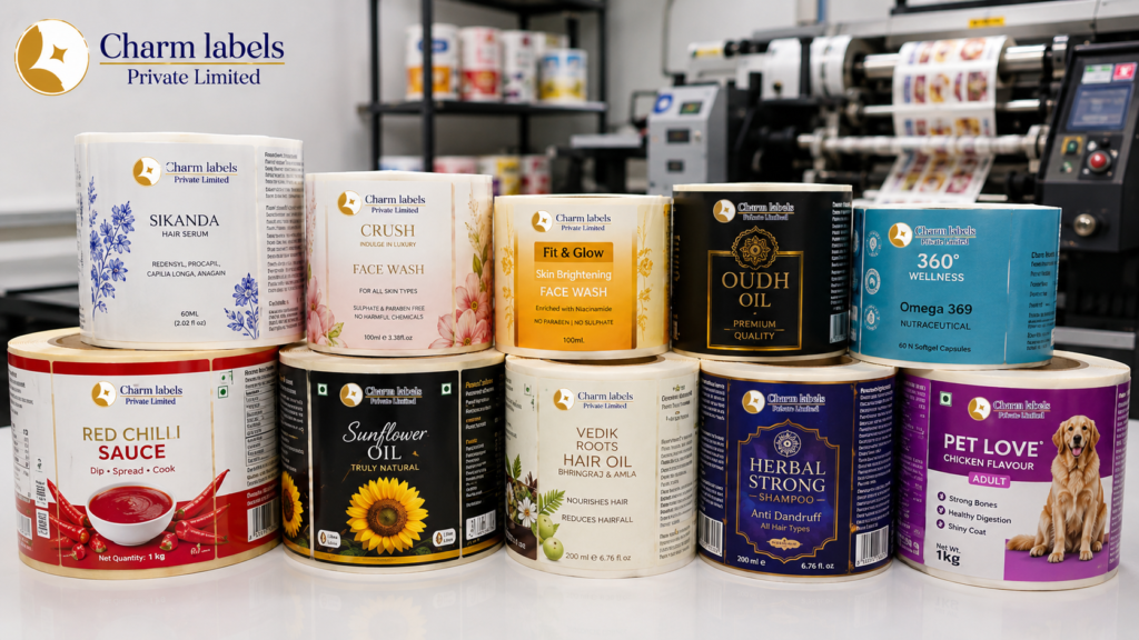 Best custom label printing company in India showcasing premium product labels for pharmaceutical, food, beverage, cosmetic, FMCG, and industrial packaging by Charm Labels.