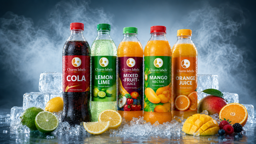 Custom Beverage Bottle Label Printing in Sivakasi – Waterproof labels for juice, soft drinks, cola, lemon lime, mango, and orange beverage bottles by Charm Labels.