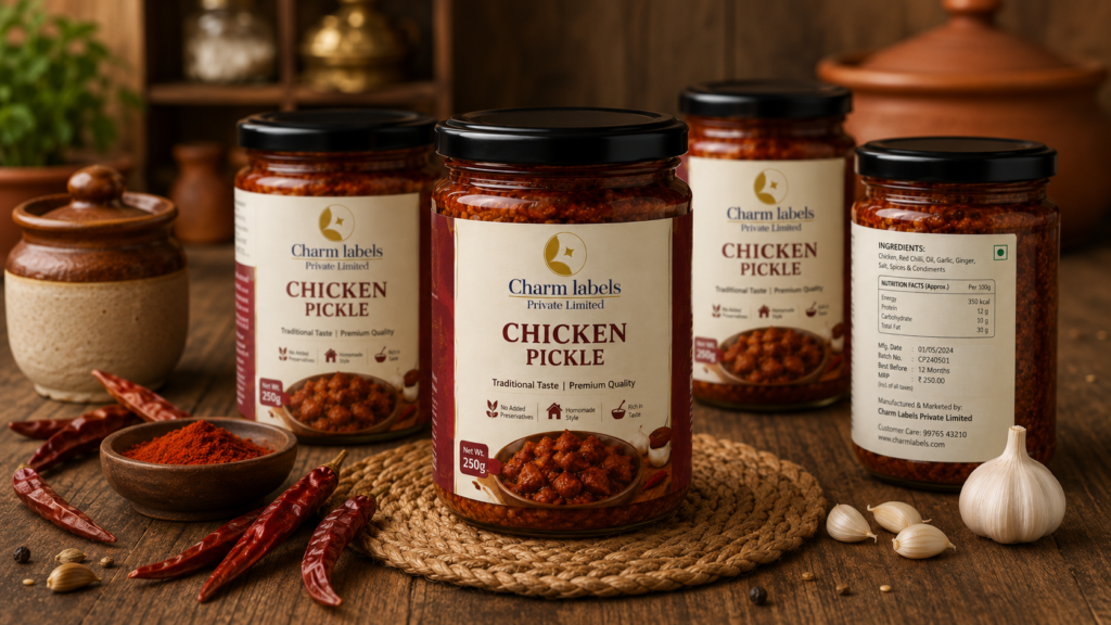 High-quality chicken pickle label printing with Charm Labels Private Limited branding on glass jars, displayed on a rustic wooden table with red chilies, garlic, and spices.
