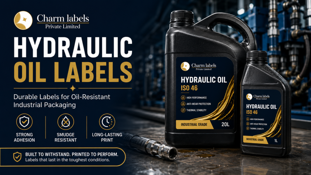 Hydraulic oil labels for oil-resistant industrial packaging