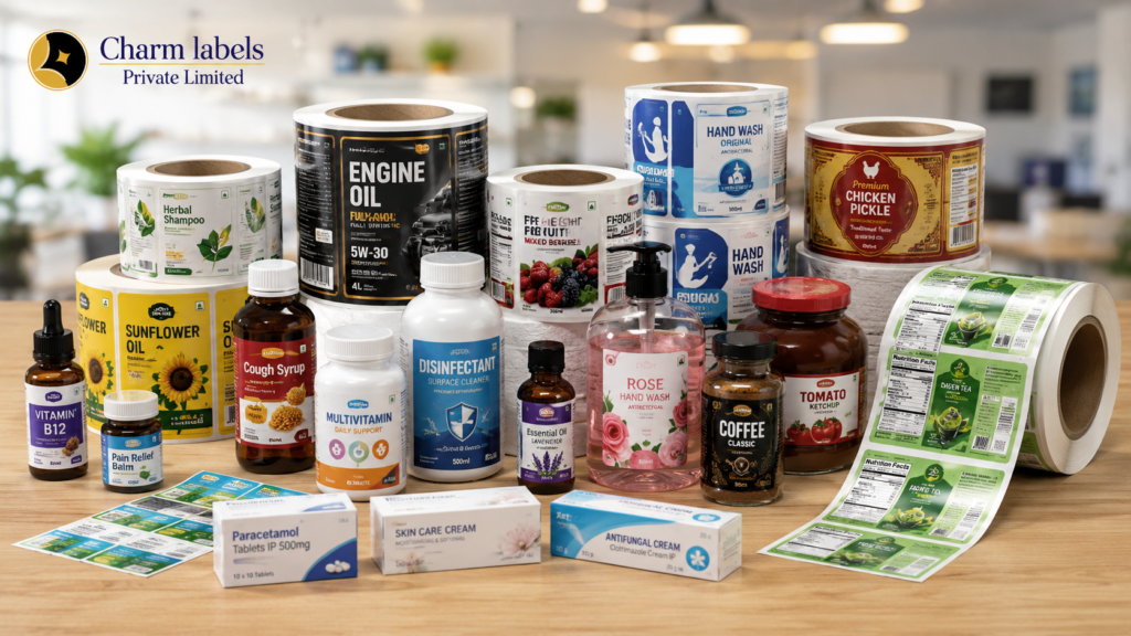 Medical Product Labels and printed sticker rolls for medicine, food, cosmetic, FMCG and industrial packaging by Charm Labels.