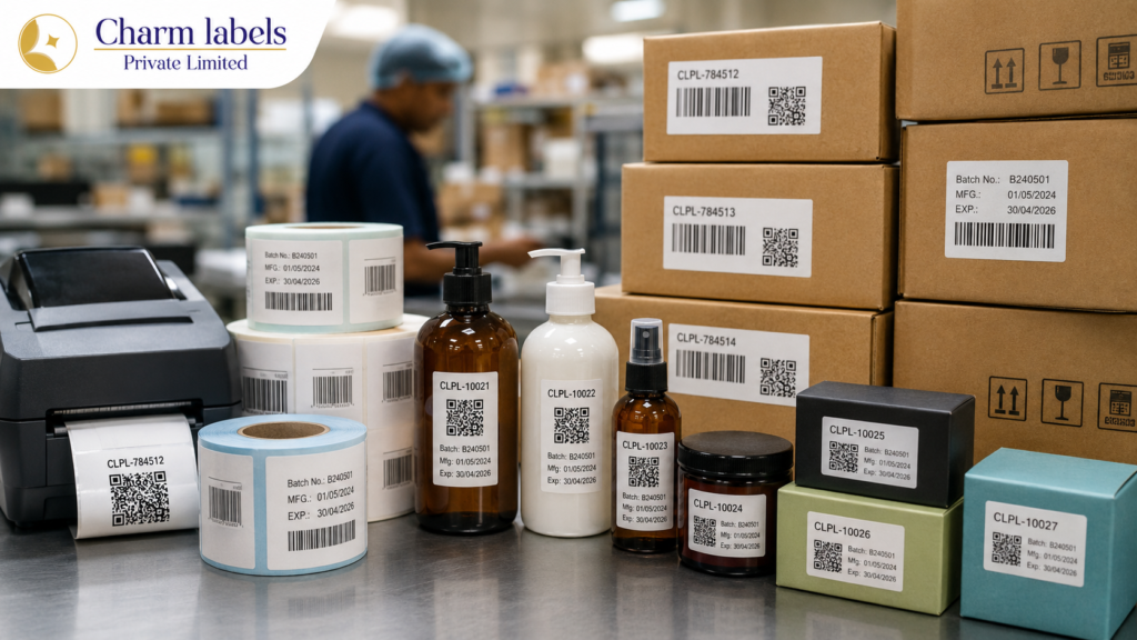 Product identification labels with barcodes and QR codes on bottles, boxes, cartons, and label rolls by Charm Labels.