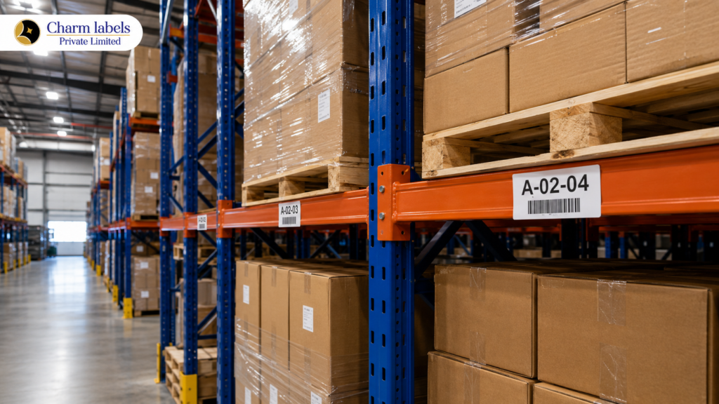 Warehouse racks with barcode location labels and organised inventory boxes by Charm Labels