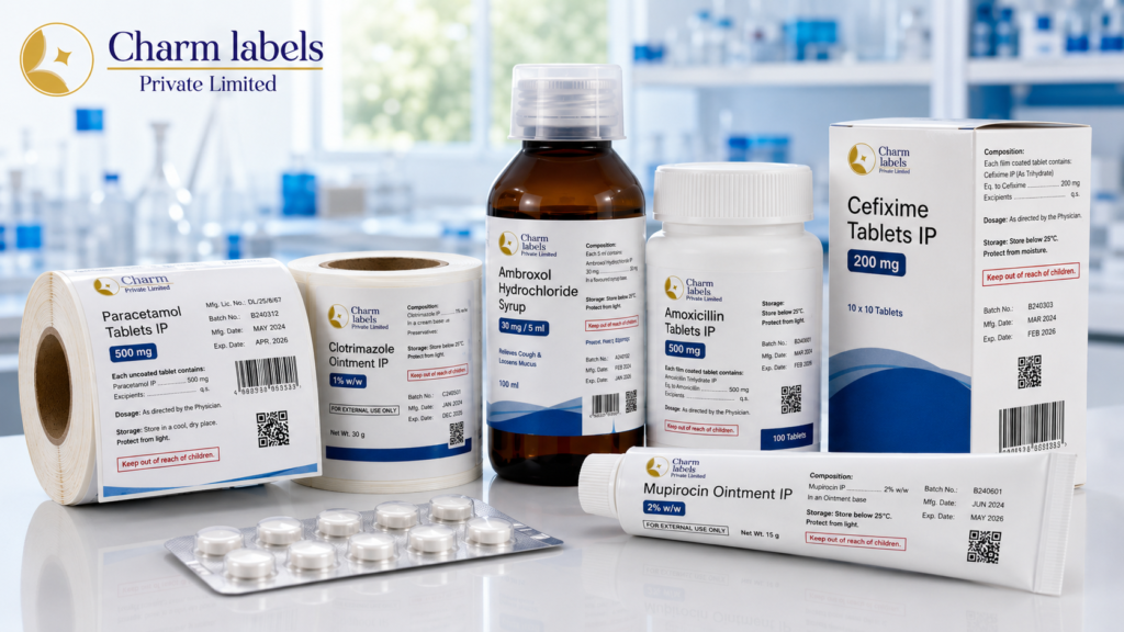 Pharmaceutical label printing rolls with medicine bottles, tablet boxes, ointment tubes and blister packs featuring clear product information.