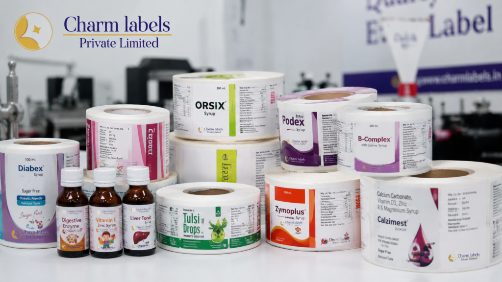 Syrup bottle labels printing with colourful medicine label rolls and syrup bottles by Charm Labels