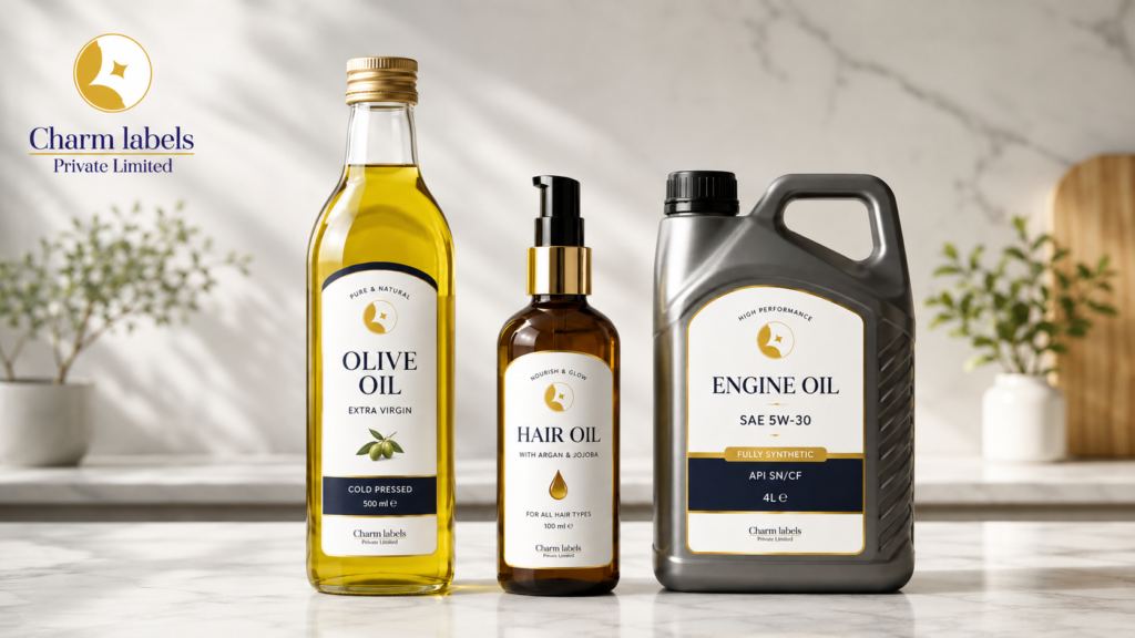 oil resistant labels for olive oil hair oil and engine oil packaging by Charm Labels