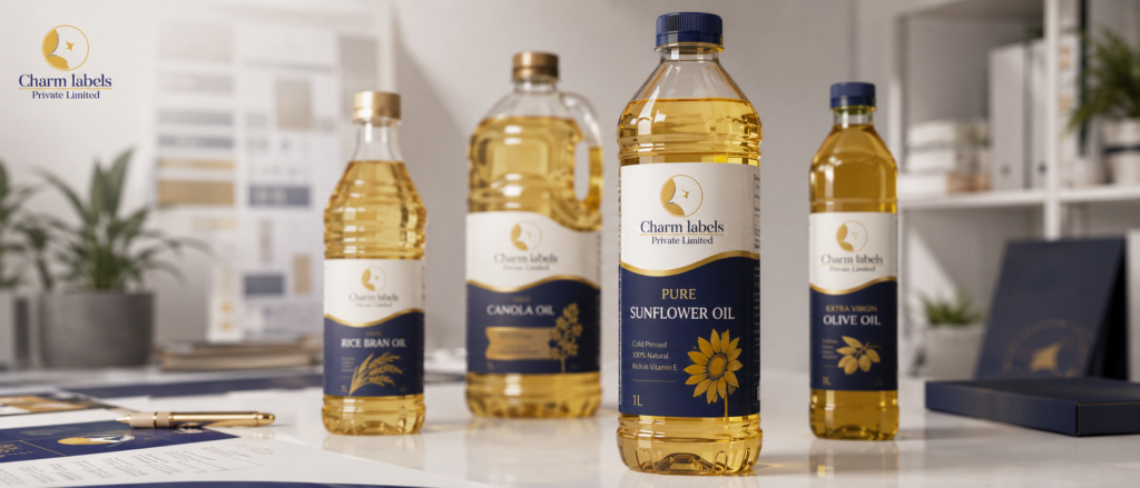 Oil bottle label design with Charm Labels branding on premium edible oil bottles