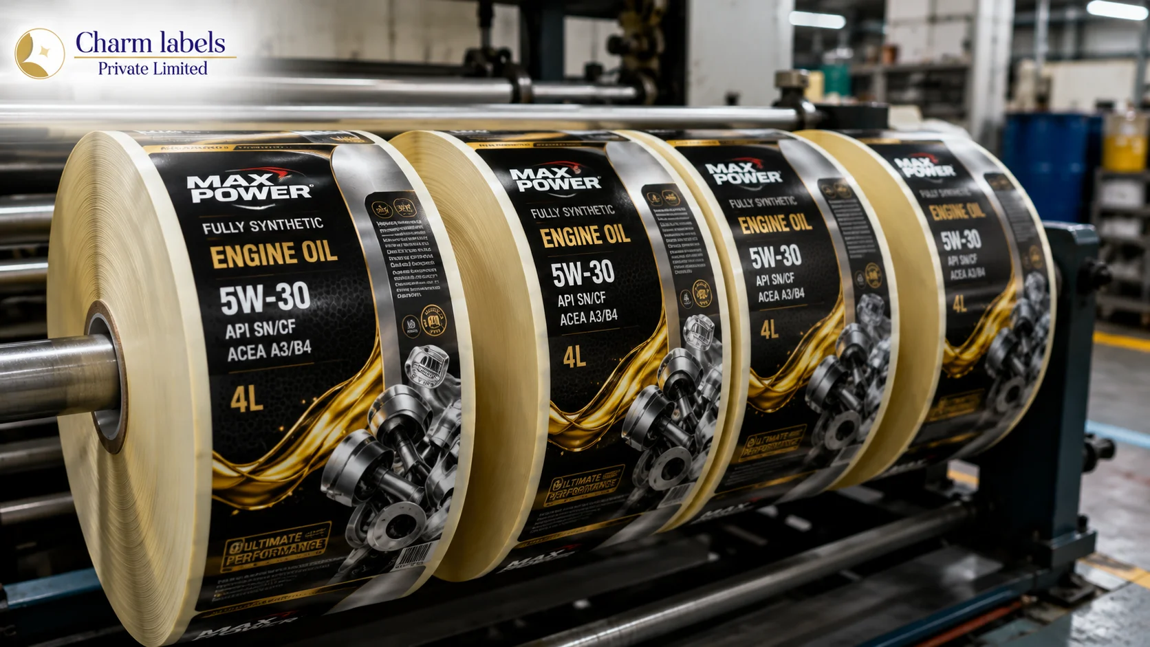 High-quality engine oil label rolls printed for lubricant bottles, featuring durable waterproof and oil-resistant labels in a modern industrial printing facility by Charm Labels Private Limited.